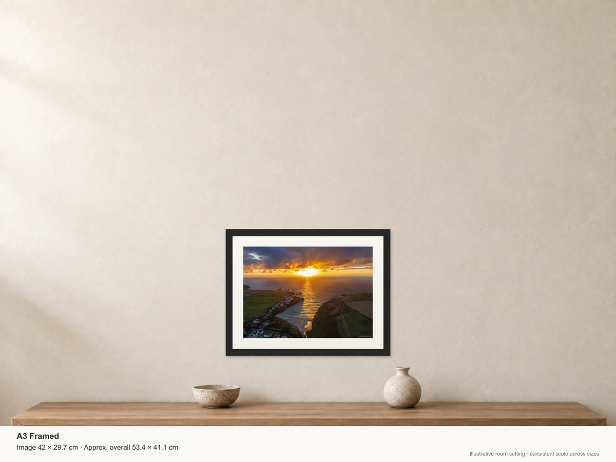 Porthcothan Bay — Autumn Sunset — A3 framed, 22mm black stained frame and 35mm mount. Illustrative room scale and dimensions.