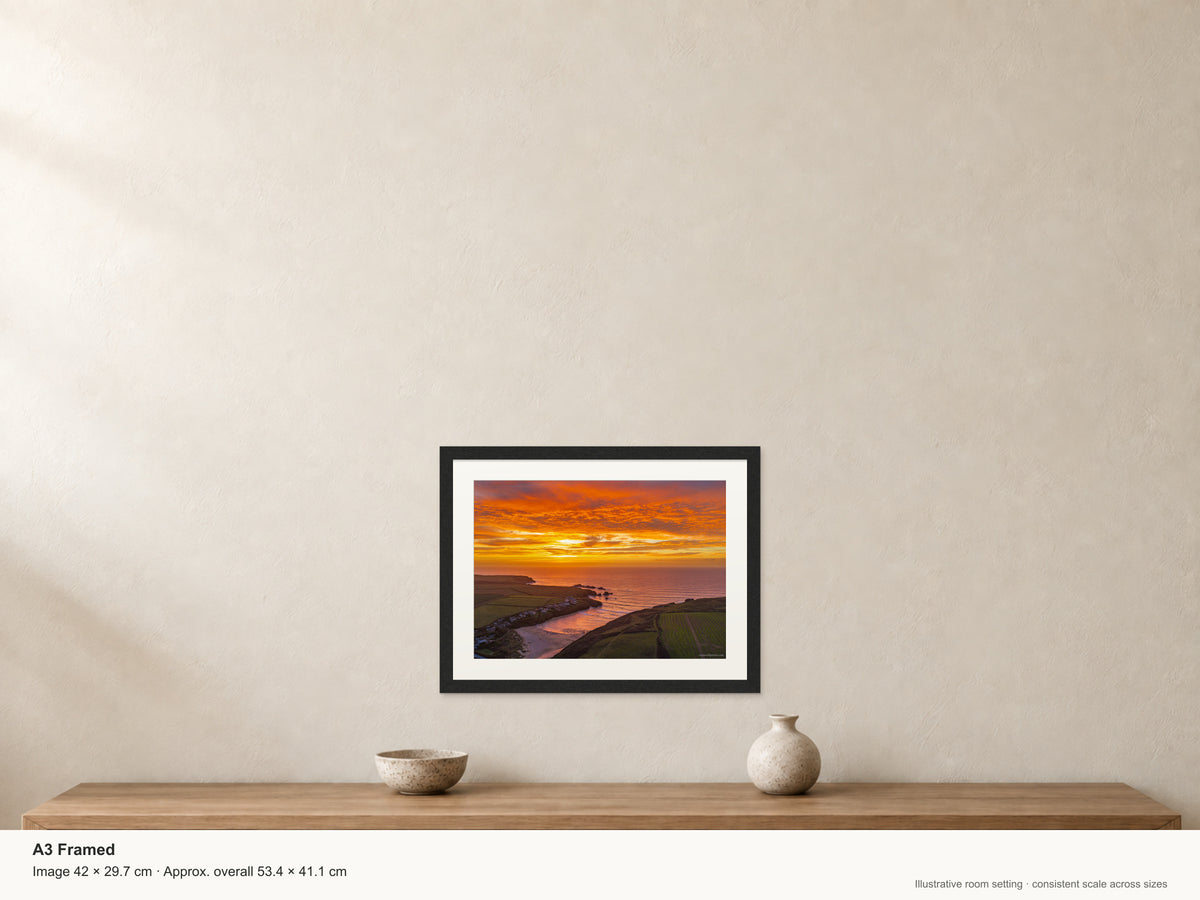Porthcothan Inferno in the Sky sunset — A3 22mm black stained frame with a 35mm mount. Illustrative room view with dimensions.