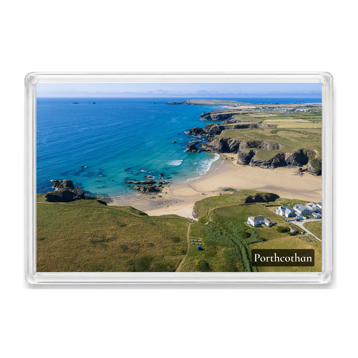 Porthcothan fridge magnet showing the low-tide beach and Golden Burn with the Seven Bays coastline leading to Trevose Head