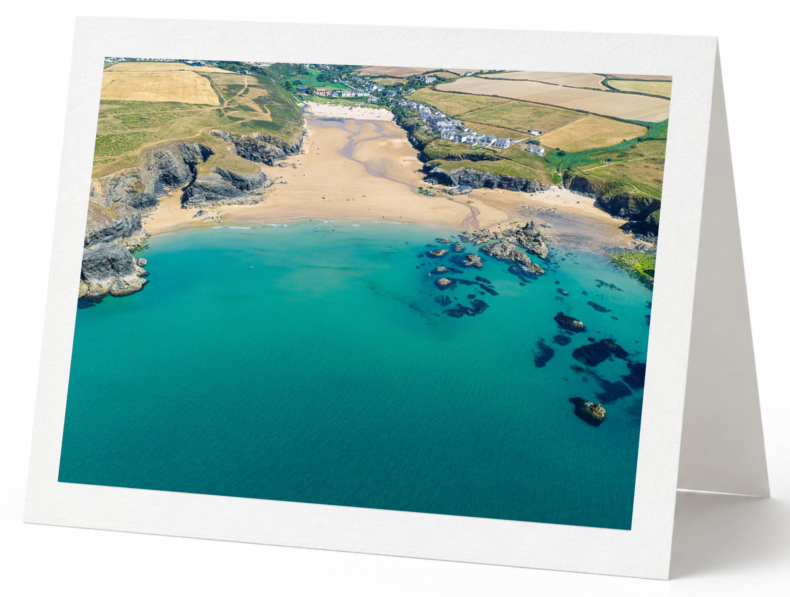 Premium A5 greeting card showing turquoise low-tide water at Porthcothan Bay