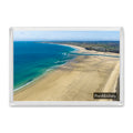 Porthkidney Sands at mid-to-low tide, looking across Hayle Estuary mouth along the expansive beaches to distant Godrevy Lighthouse, shown in a clear acrylic fridge magnet with a Porthkidney label