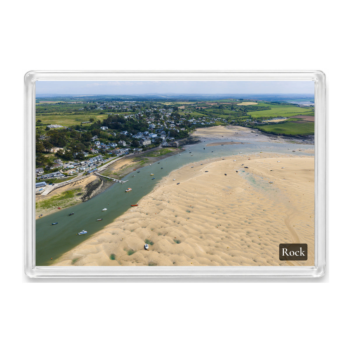 Rock fridge magnet showing low-tide sandbars across the Camel Estuary with boats resting on the sand