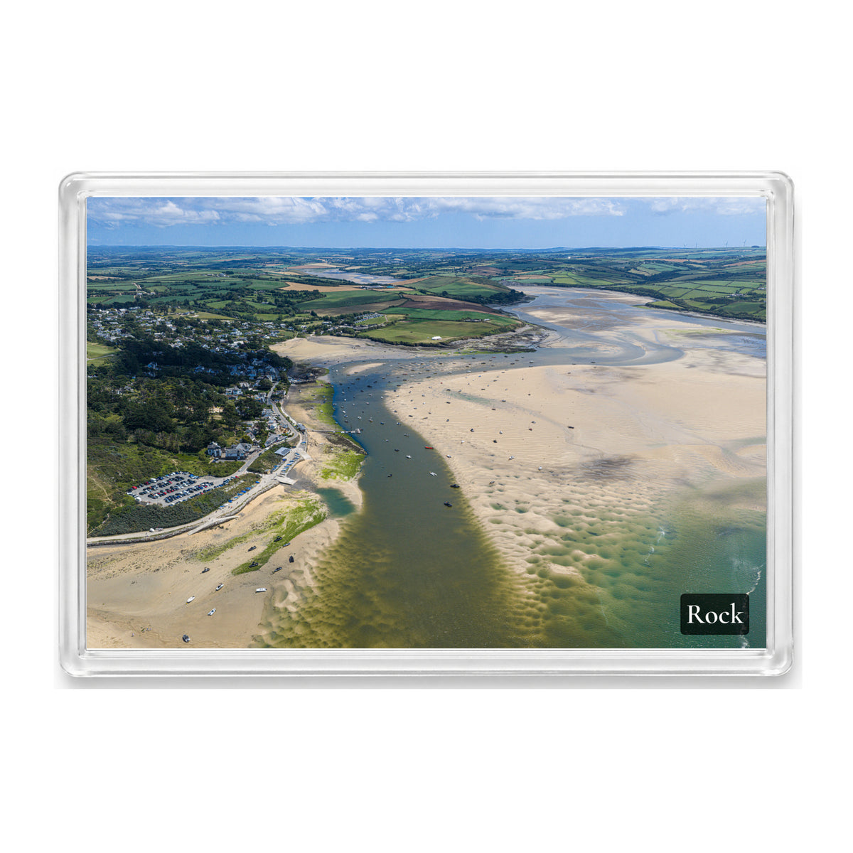 Rock fridge magnet showing the Camel Estuary at low tide towards Wadebridge, with green and blue shallows and boats on the sand