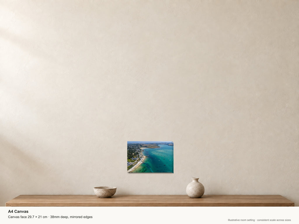 Rock — High Tide Into the Bay — A4 canvas, 38mm-deep canvas with mirrored edges. Illustrative room scale and dimensions.