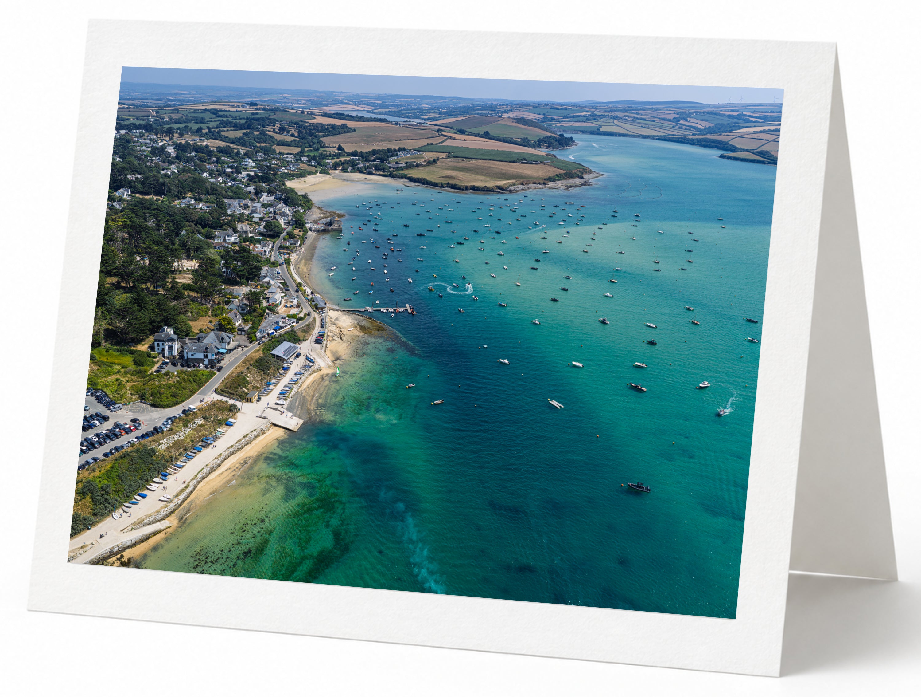 Premium A5 greeting card showing Rock and boats across the Camel Estuary at high tide
