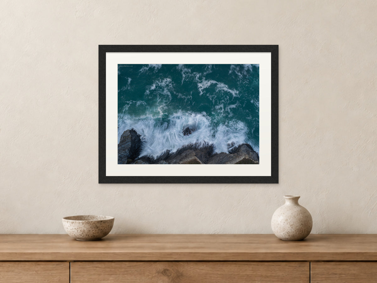 Fox Cove — Slow Shutter Surf at Dusk — A3 framed, 22mm black stained frame and 35mm mount. Closer product view.