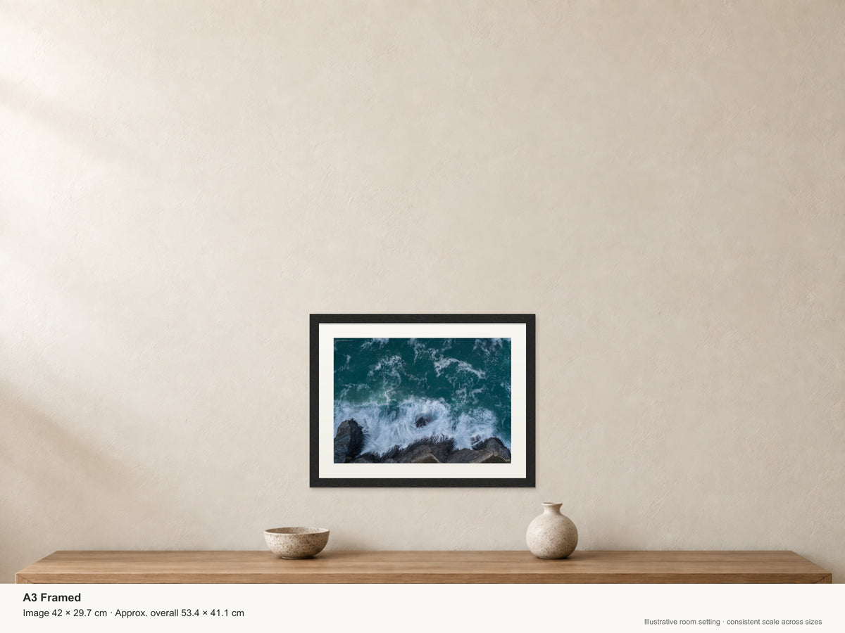 Fox Cove — Slow Shutter Surf at Dusk — A3 framed, 22mm black stained frame and 35mm mount. Illustrative room scale and dimensions.