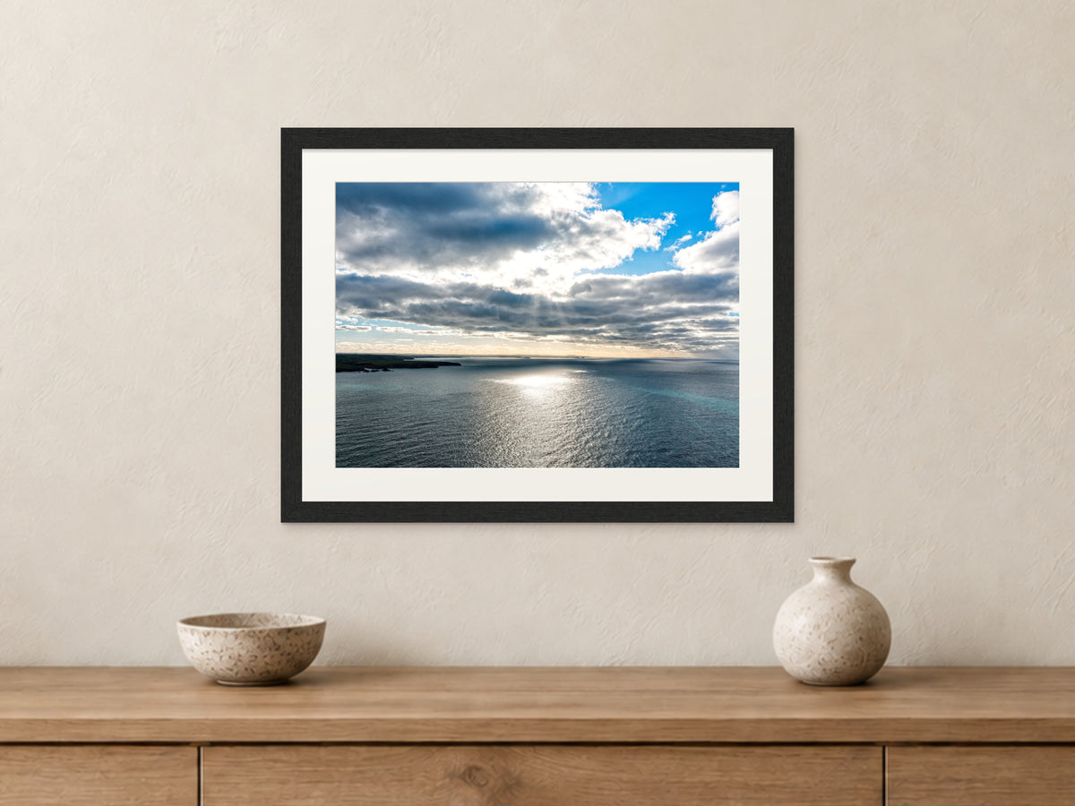 Sunbreak on the Atlantic — Porthcothan to Newquay — A3 framed, 22mm black stained frame and 35mm mount. Closer product view.
