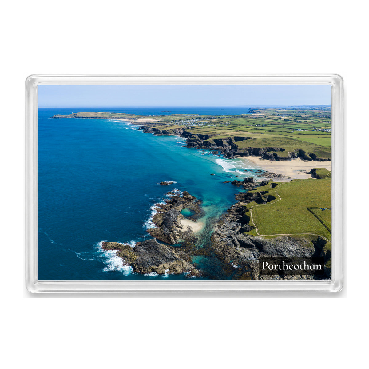 Porthcothan Bay fridge magnet showing turquoise shallows around Trescore with Treyarnon, Constantine and the Seven Bays beyond