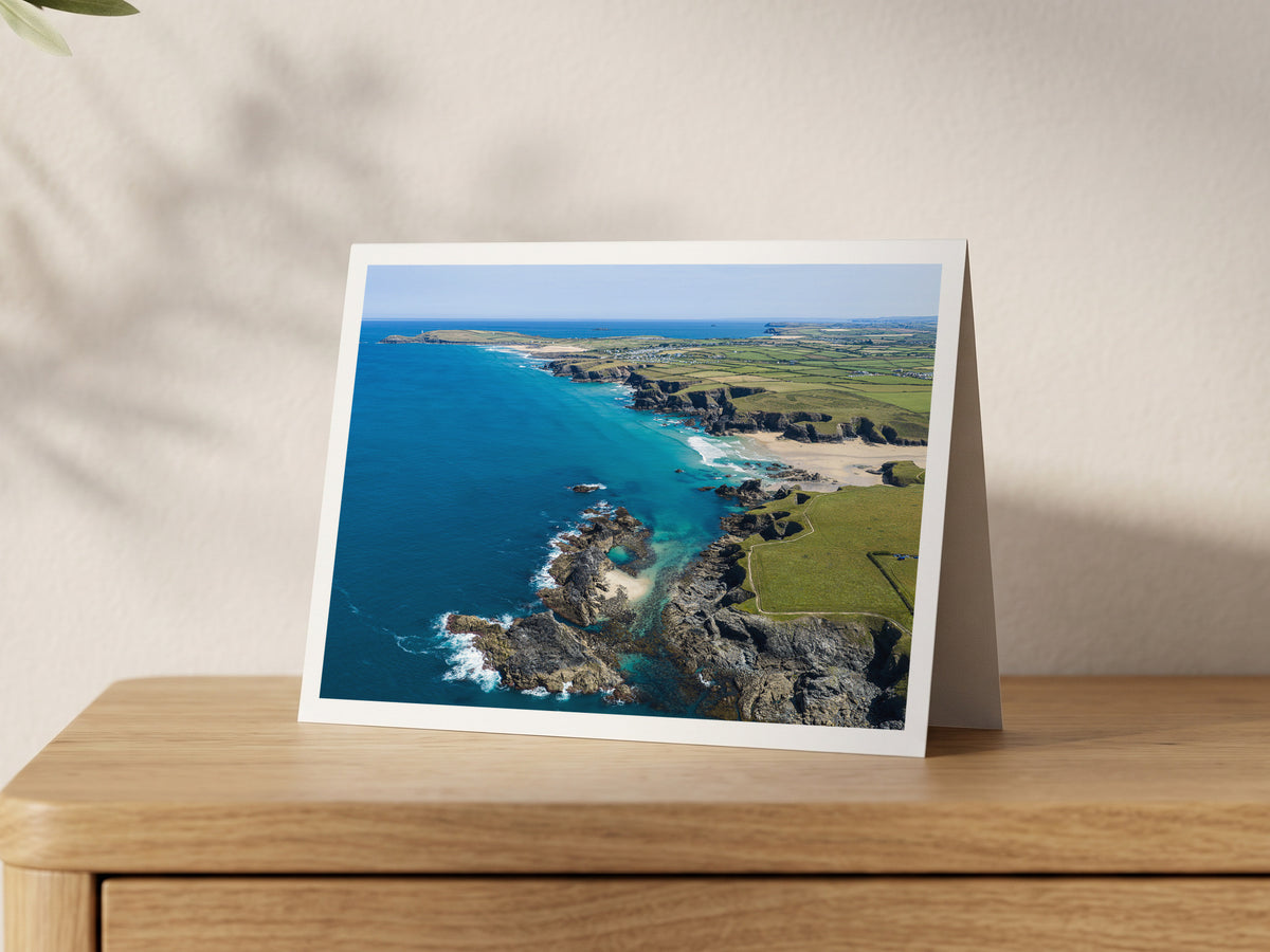 Premium A5 greeting card showing Trescore rocks and the Seven Bays coastline beyond Porthcothan
