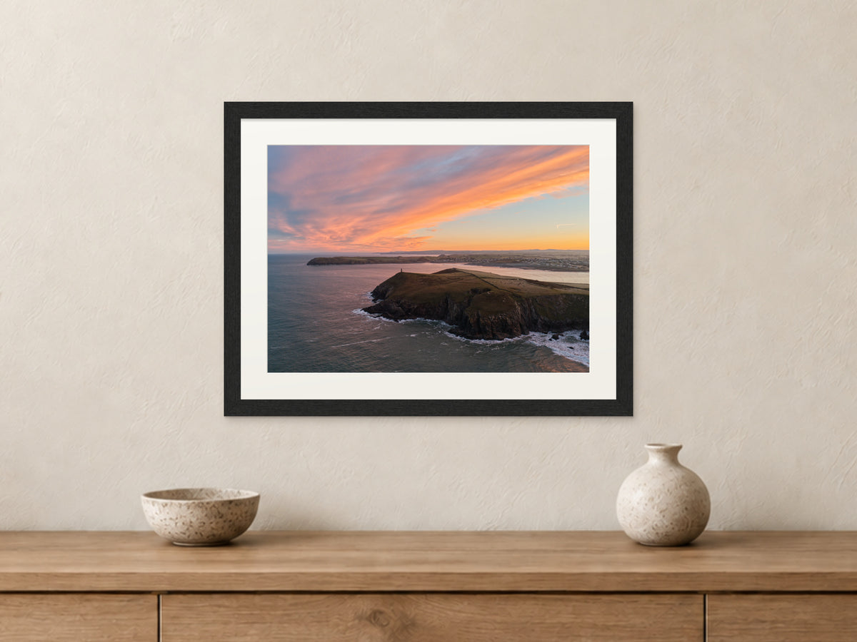 Daymark at Sunrise — Stepper Point & Pentire — A3 framed, 22mm black stained frame and 35mm mount. Closer product view.