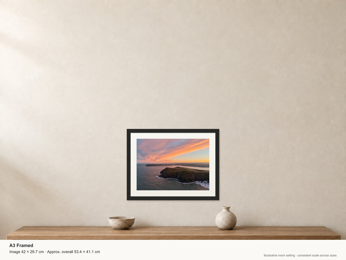 Daymark at Sunrise — Stepper Point & Pentire — A3 framed, 22mm black stained frame and 35mm mount. Illustrative room view and dimensions.