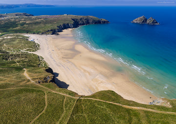 Holywell Bay — Gull Rocks and Summer Colour — aerial Cornwall photography print