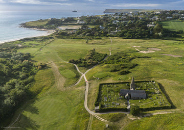 St Enodoc Church to Pentire Point — aerial Cornwall photography print