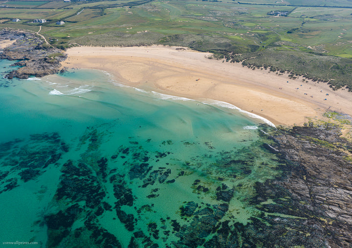 Constantine Bay — High Tide Reef Clarity — aerial Cornwall photography print