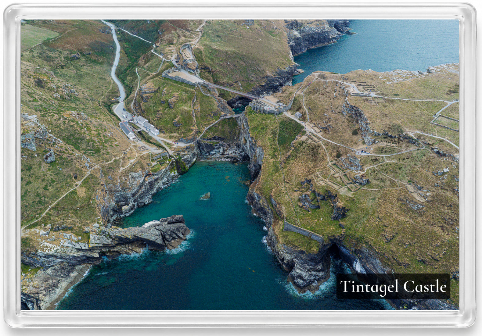 Tintagel Castle fridge magnet showing the island ruins, footbridge and sea