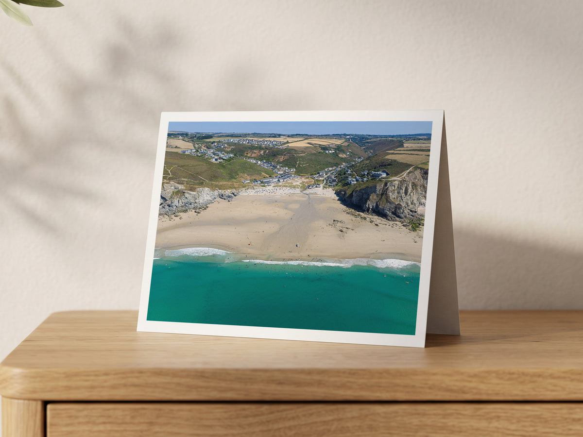 Premium A5 greeting card showing Porthtowan Beach at low tide with swimmers in turquoise water