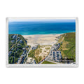 Porthtowan fridge magnet showing the village and broad low-tide beach with the Atlantic stretching beyond