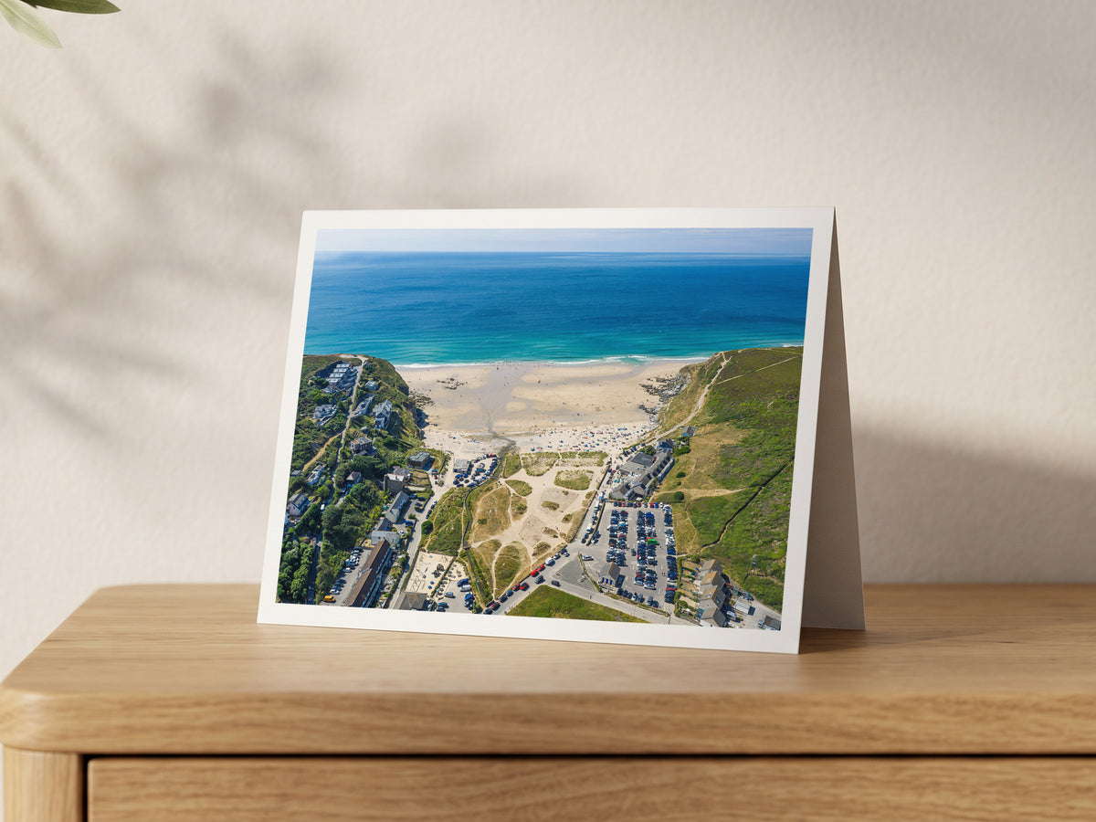 Premium A5 greeting card showing Porthtowan village and low-tide beach looking out to the Atlantic