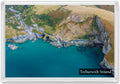 Trebarwith Strand fridge magnet showing turquoise water and high coastal cliffs