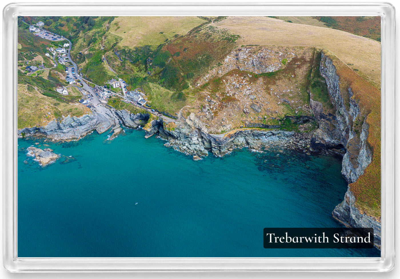 Trebarwith Strand fridge magnet showing turquoise water and high coastal cliffs
