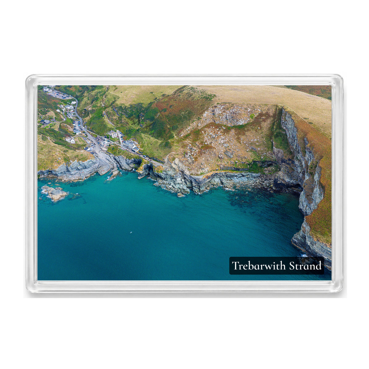 Trebarwith Strand fridge magnet showing turquoise water and high coastal cliffs