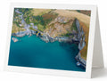 Premium A5 greeting card showing Trebarwith Strand cliffs above turquoise water