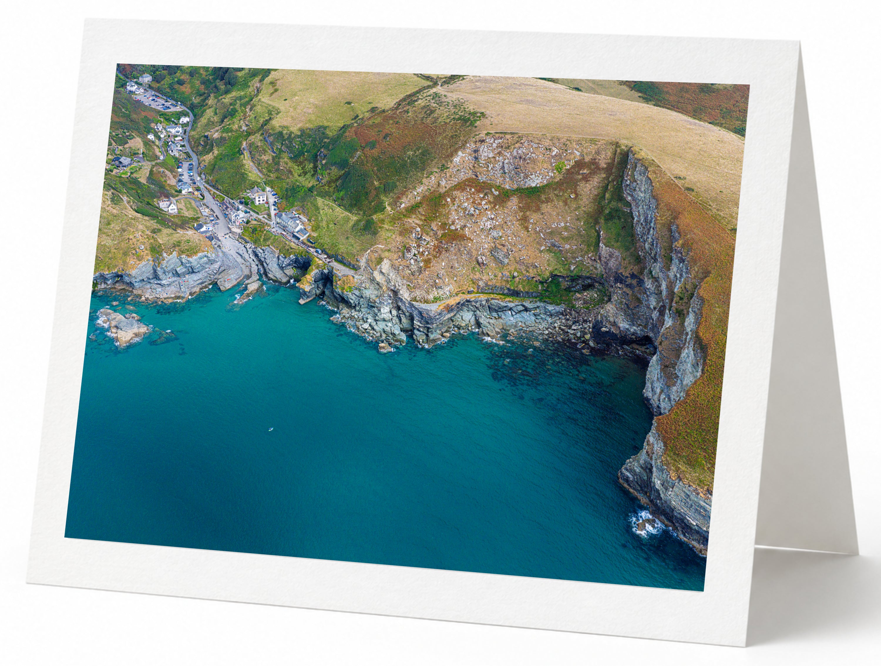 Premium A5 greeting card showing Trebarwith Strand cliffs above turquoise water