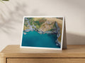 Premium A5 greeting card showing Trebarwith Strand cliffs above turquoise water