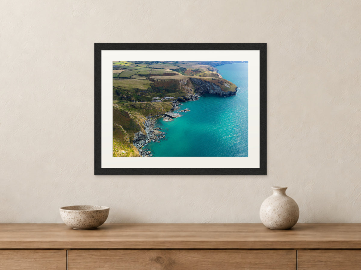 Trebarwith Strand — Turquoise Water and Clifftop Fields — A3 framed, 22mm black stained frame and 35mm mount. Closer product view.