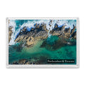 Porthcothan fridge magnet showing Trescore rocks from above with breaking whitewater on one side and calm turquoise water on the other