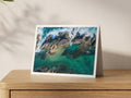 Premium A5 greeting card showing Trescore rocks from above, with surf on one side and calm turquoise water
