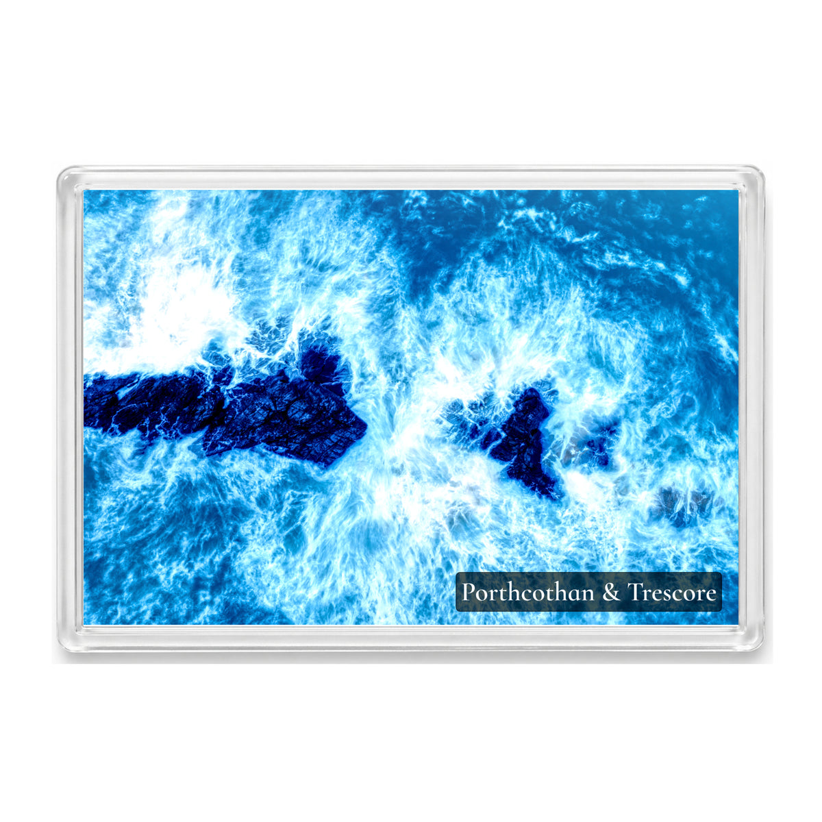 Porthcothan & Trescore fridge magnet showing slow-shutter winter surf pouring over the Trescore rocks in electric blue tones