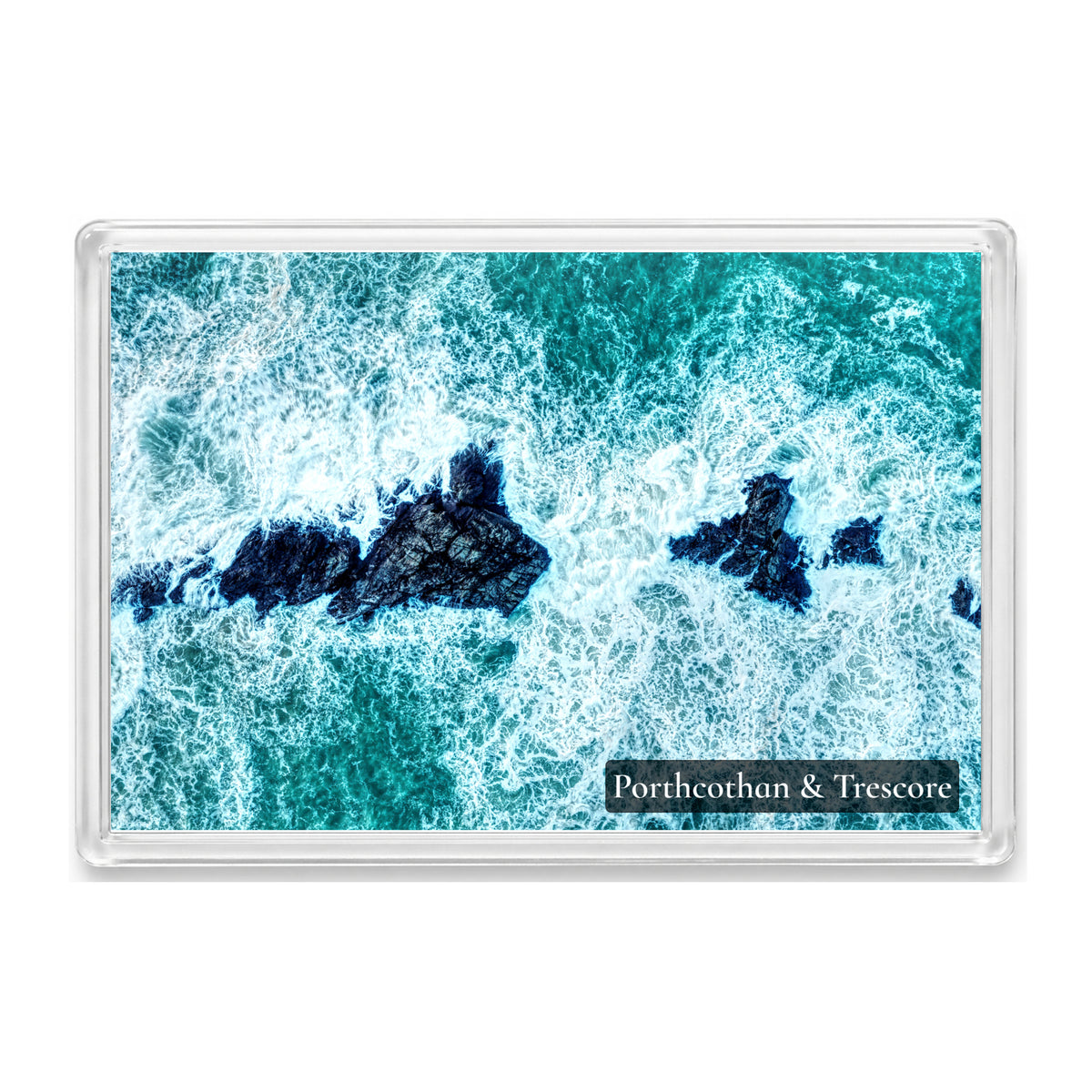 Porthcothan and Trescore fridge magnet showing big winter surf breaking over the Trescore rocks from directly above