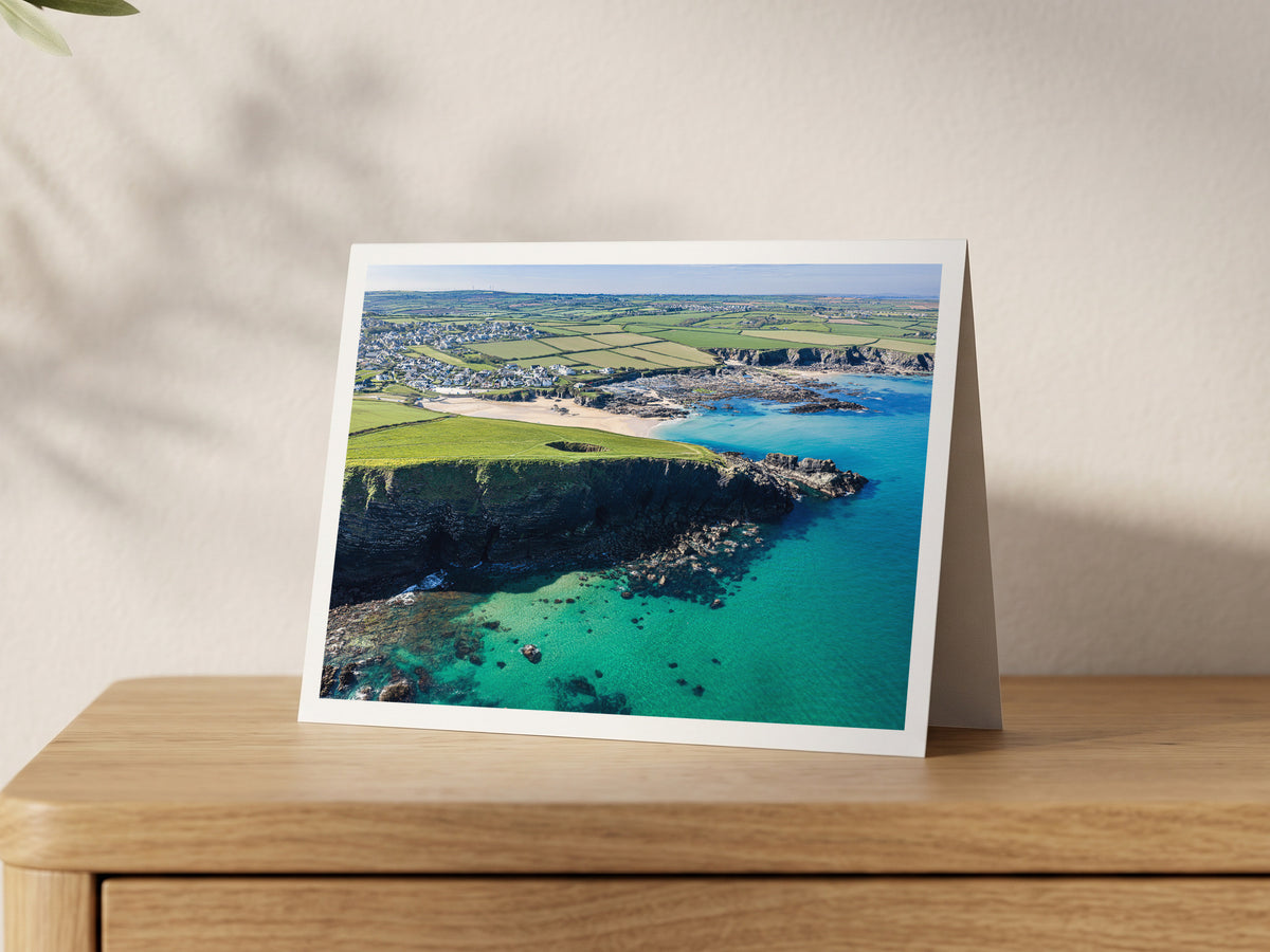 Premium A5 greeting card showing Round Hole blowhole above turquoise water at Trevone Bay
