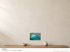 Trevone Bay — Summer Clarity — A4 canvas, 38mm-deep canvas with mirrored edges. Illustrative room scale and dimensions.