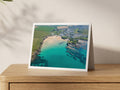 Premium A5 greeting card showing Trevone beach and village beside clear turquoise water and reef