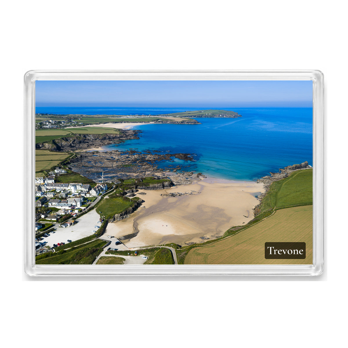 Trevone fridge magnet showing Trevone Beach and its rock formations at low tide with Harlyn Bay and Trevose Head on the horizon