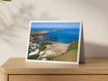 Premium A5 greeting card showing Trevone Beach at low tide with Harlyn Bay and Trevose Head beyond