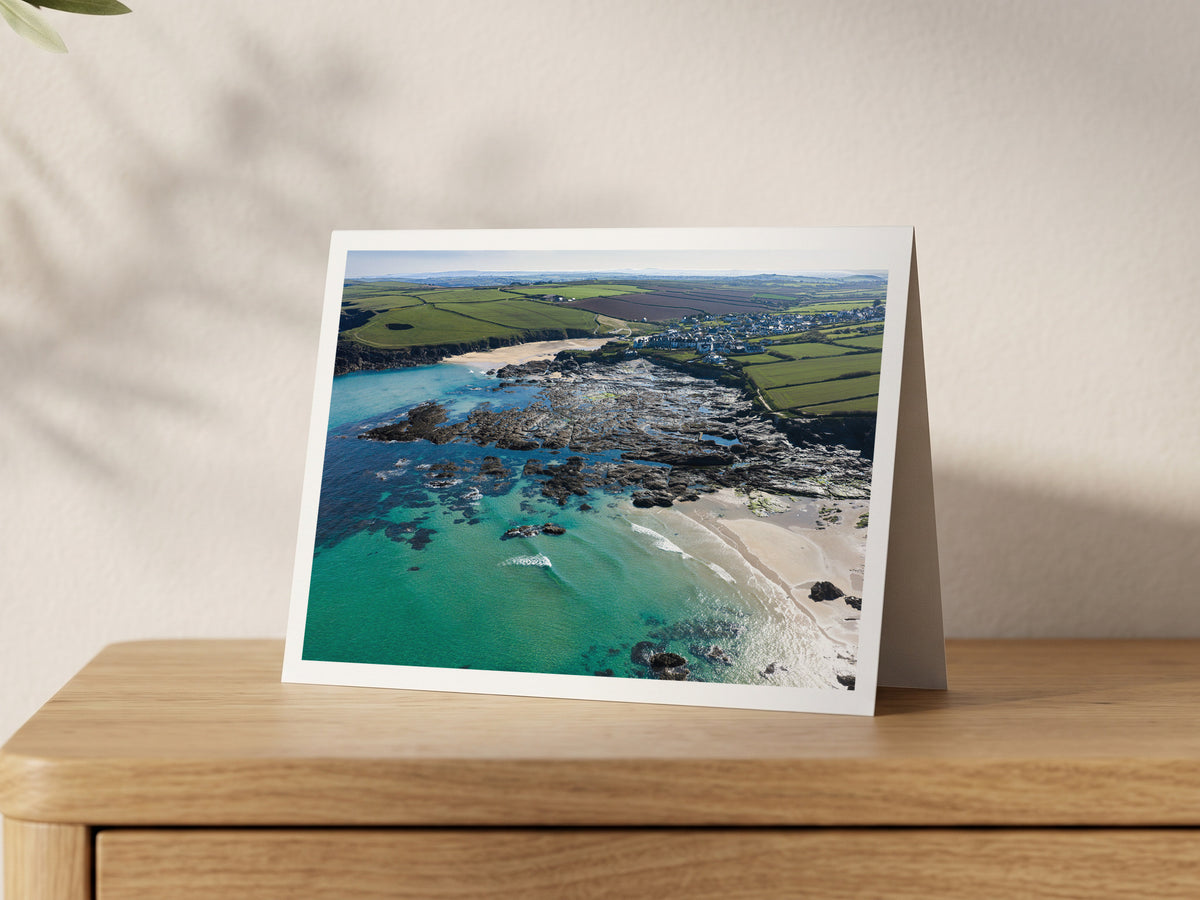 Premium A5 greeting card showing Newtrain and Trevone Bay at low tide with exposed rocks