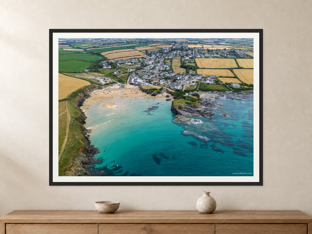 Trevone Bay — High Tide Summer Clarity — A0 framed, 22mm black stained frame and 35mm mount. Closer product view.