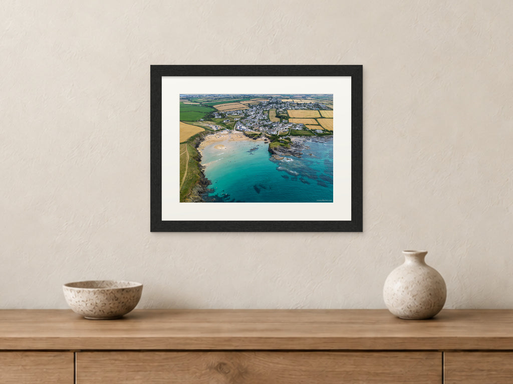 Trevone Bay — High Tide Summer Clarity — A4 framed, 22mm black stained frame and 35mm mount. Closer product view.