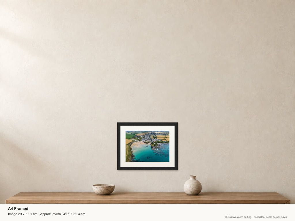 Trevone Bay — High Tide Summer Clarity — A4 framed, 22mm black stained frame and 35mm mount. Illustrative room scale and dimensions.