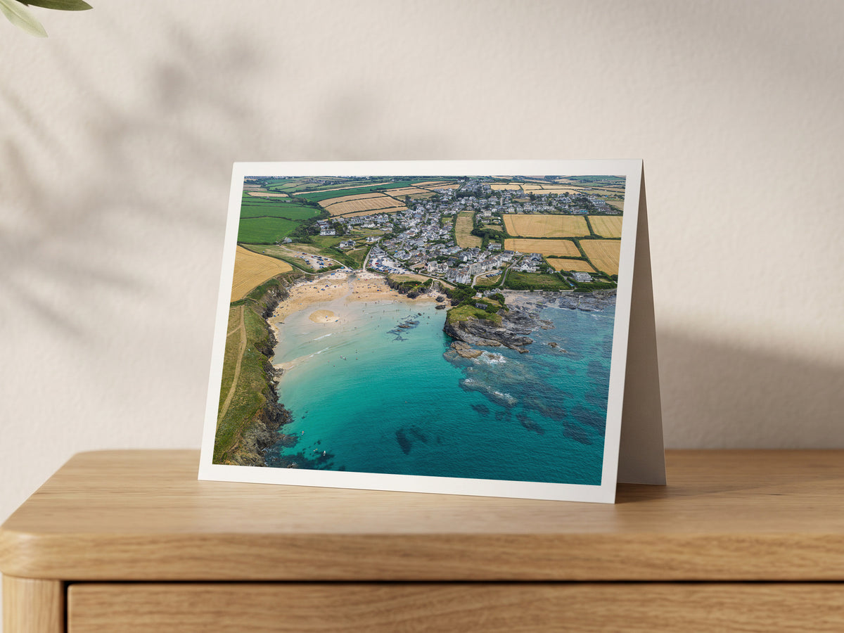 Premium A5 greeting card showing Trevone Bay at high tide in clear summer water