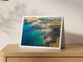 Premium A5 greeting card showing Newtrain rocks, the tidal sea pool and Trevone beach in summer