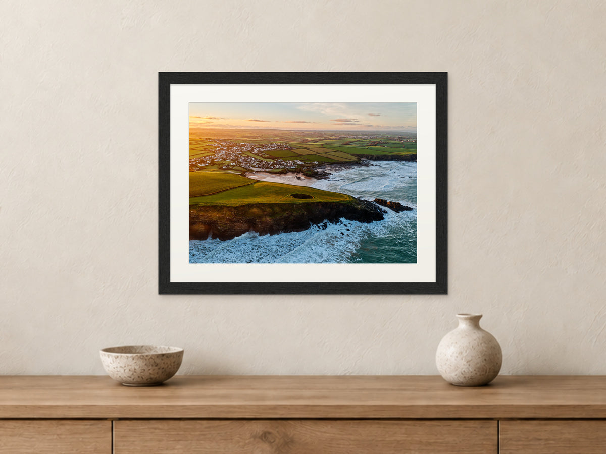 Round Hole at Sunrise — Trevone Bay — A3 framed, 22mm black stained frame and 35mm mount. Closer product view.
