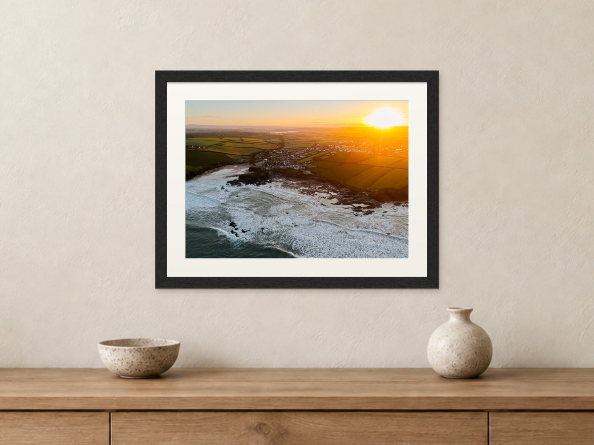 Golden Sunrise Over Trevone Bay — A3 framed, 22mm black stained frame and 35mm mount. Closer product view.