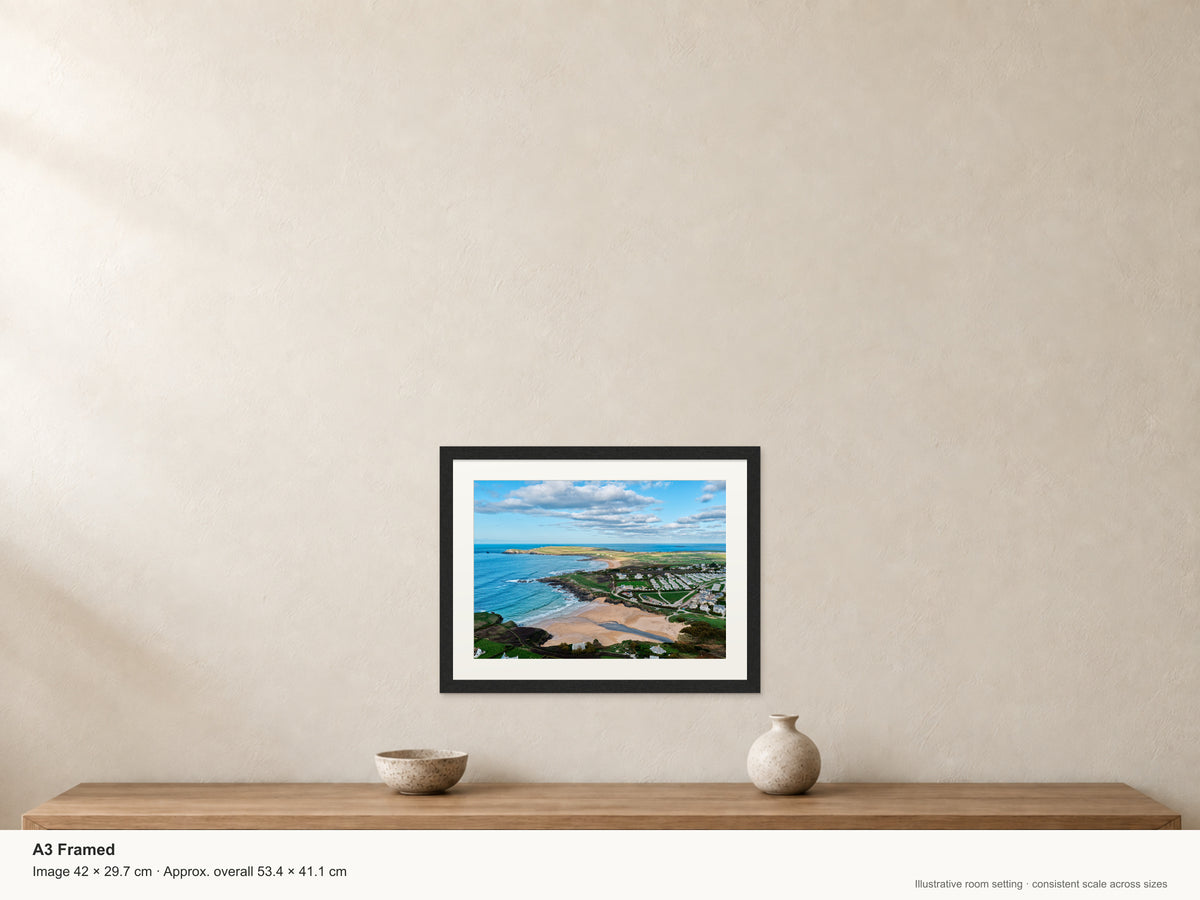 Treyarnon to Trevose — A North Coast Alignment — A3 framed, 22mm black stained frame and 35mm mount. Illustrative room view and dimensions.