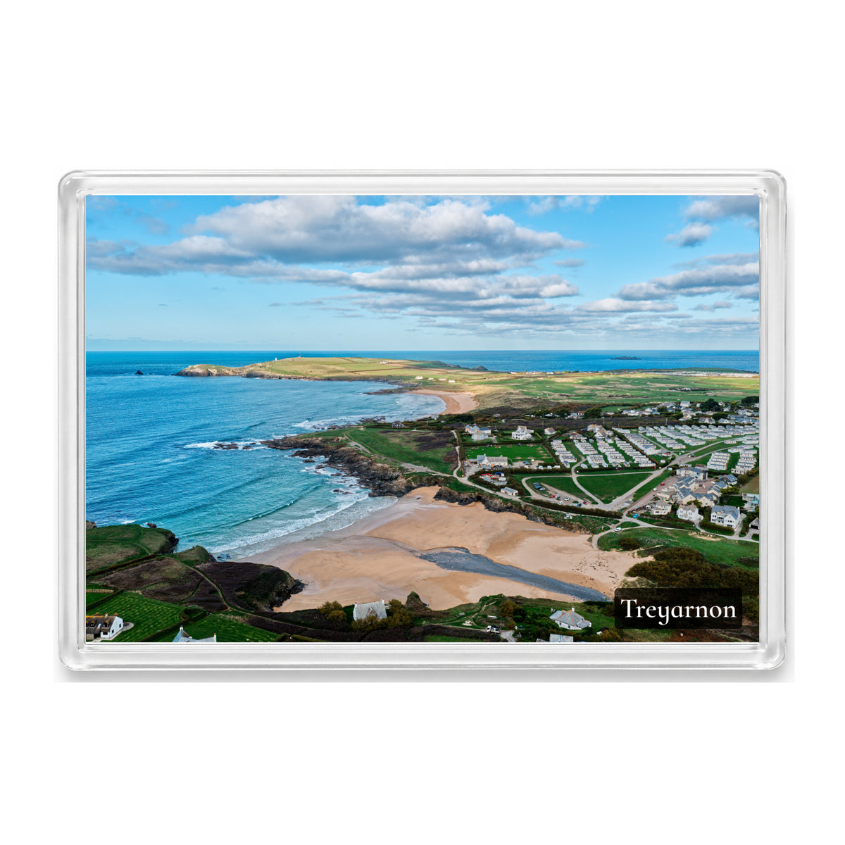 Treyarnon fridge magnet showing the curve of Treyarnon Bay with dunes, Constantine Bay and Trevose Head beyond in bright daylight