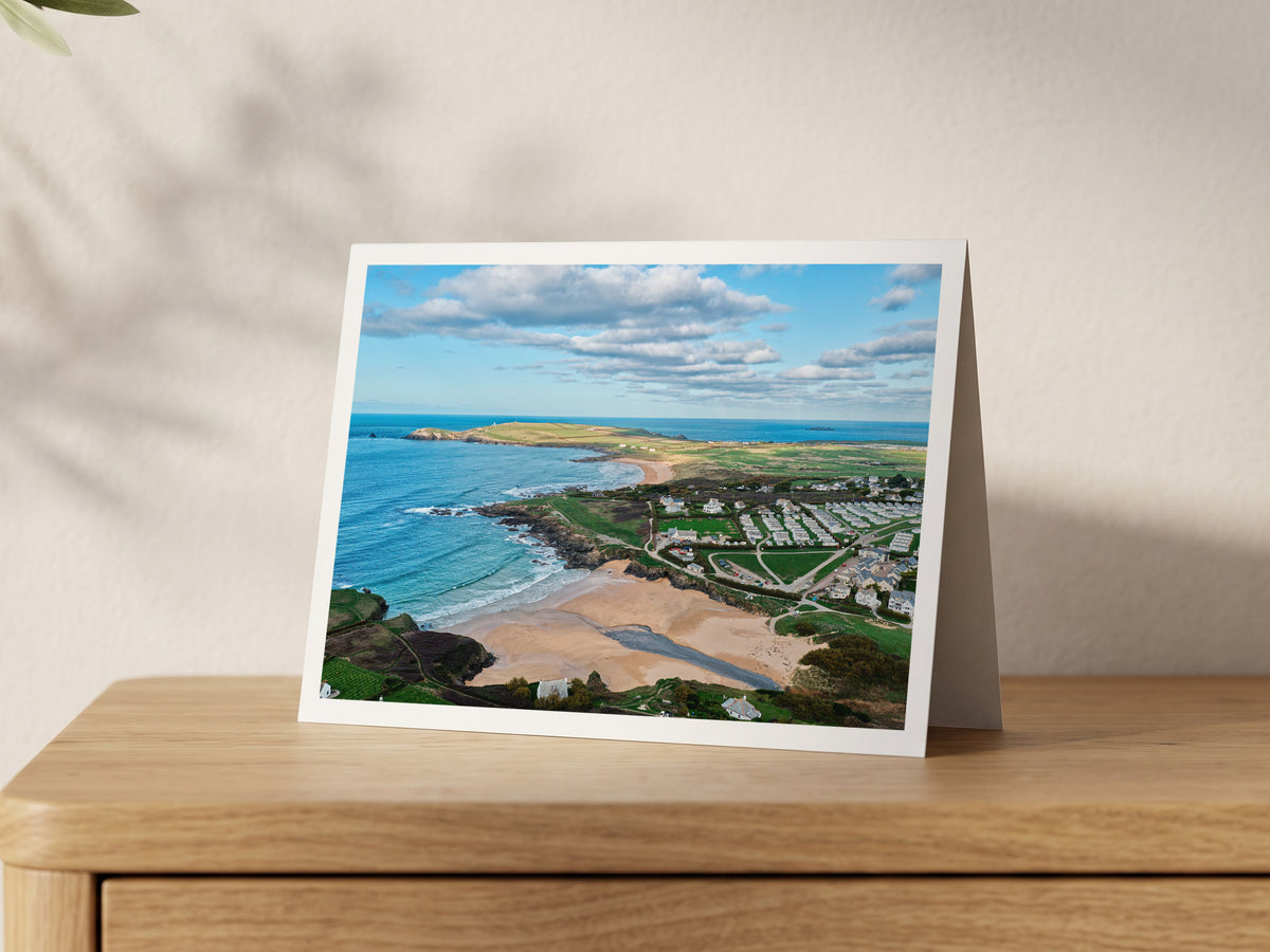 Premium A5 greeting card showing Treyarnon Bay with Constantine Bay and Trevose Head beyond